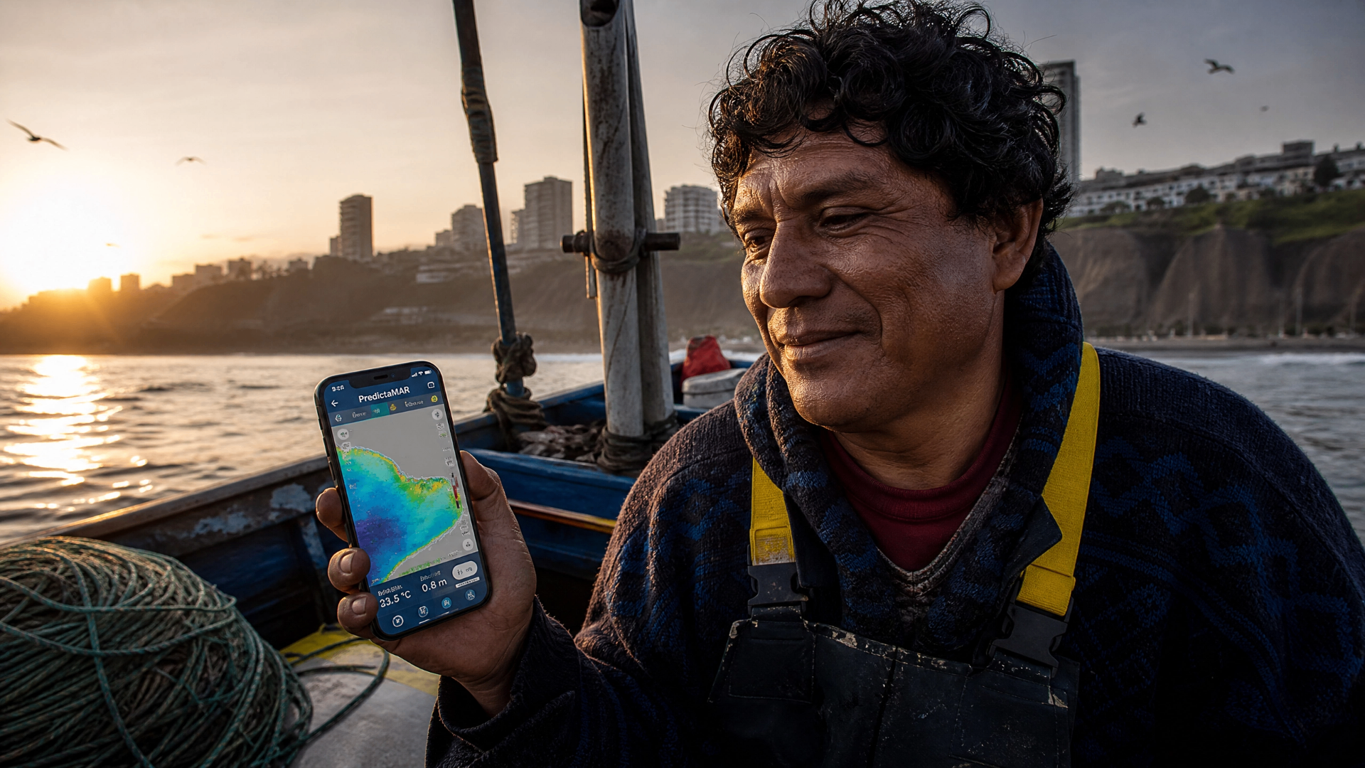Artisanal fisherman using PredictaMAR on a vessel along the Peruvian coast